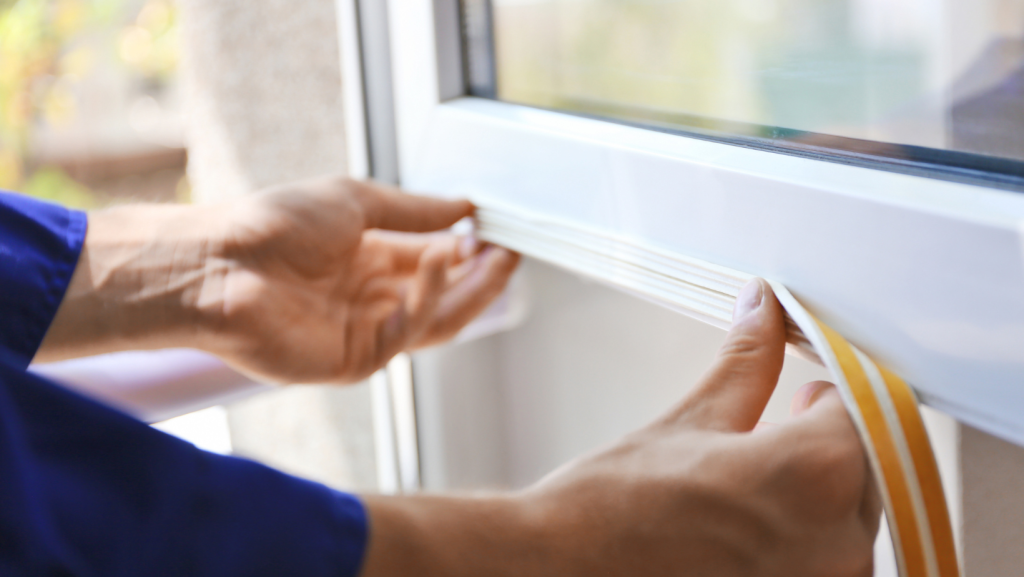 a person installing weather stripping on a window